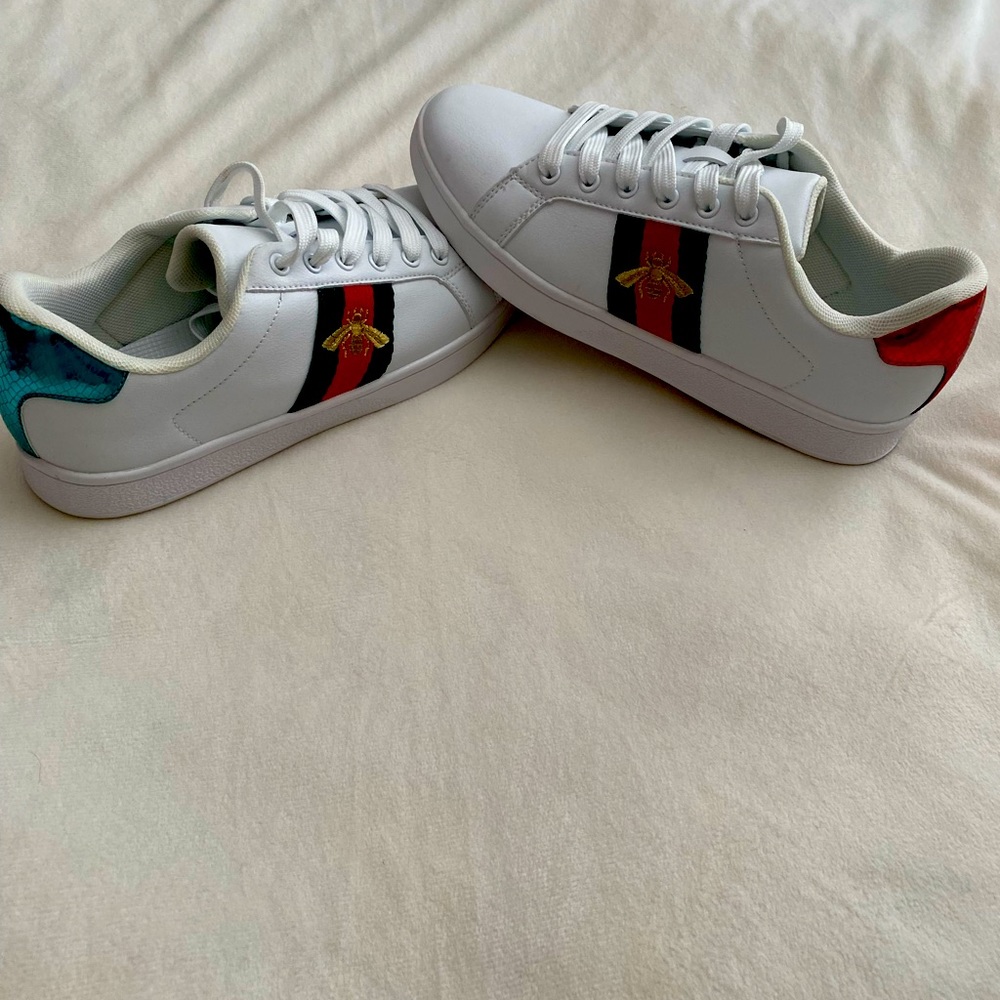 Designer look alike white Leather Sneakers with Bee Embroidery